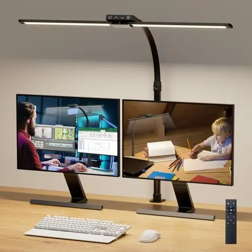Produktbild: VUENICEE Doppelkopf Schreibtischlampe LED,Tischlampe Dimmbar mit Fernbedienung,20W Schreibtisch Lampe Klemmleuchte Bürolampe, 5 Farb & Helligkeitsstufen, Verstellbare Schwanenhals