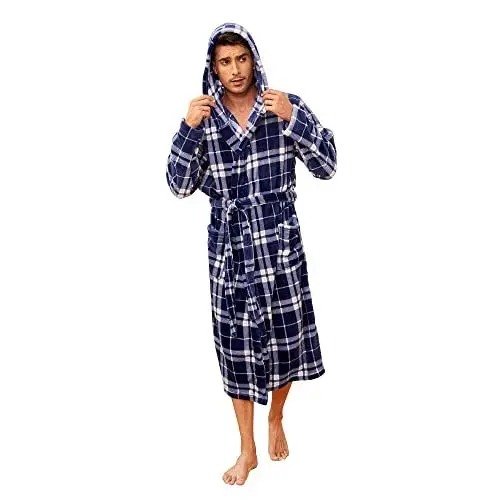 Produktbild: Vulcanodon Bademantel Herren flauschig mit Kapuze, Fleece Bademantel Plüsch Bademäntel für Herren Morgenmantel Hausmantel (Karo-Dunkelblau, L/XL)