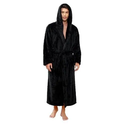 Produktbild: Vulcanodon Bademantel Herren mit Kapuze flauschig voller Länge Plüsch Morgenmantel Männer Fleece (Schwarz, L/XL)