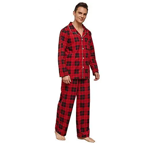 Produktbild: Vulcanodon Herren Pyjama Set karriert, Schlafanzug Herren weicher Druck Pyjamas für Männer, leichte warme Pyjamas mit Taschen (Rot-Schwarz Kariert, L)