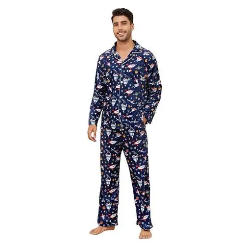 Produktbild: Vulcanodon Herren Pyjama Set weicher Schlafanzug Herren Lounge Pjs für Männer lustiges Pyjama lang Loungewear Schlafanzüge für Herren (Raumschiff-Dunkelblau, S)
