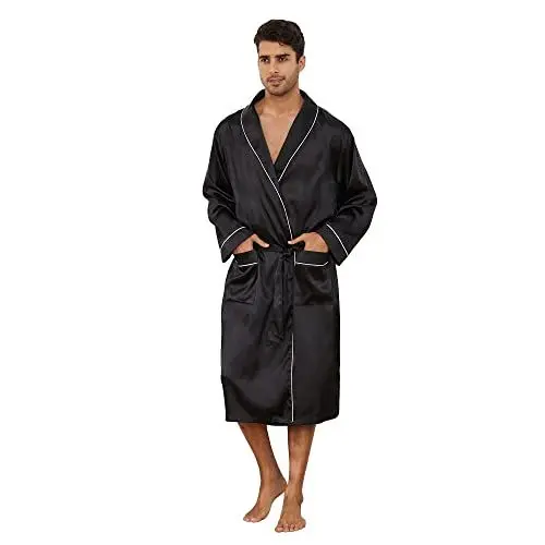 Produktbild: Vulcanodon leichter Bademantel Herren Satin Morgenmantel Herren Seide Kimono Seiden Nachtwäsche Hausmantel Loungewear (Schwarz, L/XL)
