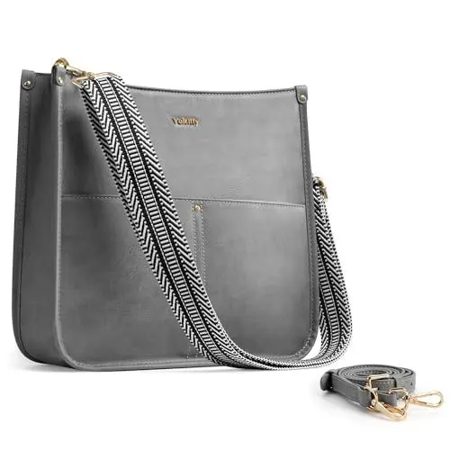 Produktbild: Vulkitty PU Leder Schultertasche Damen Mittelgroß Umhängetasche mit 2 Riemen Crossbody Messenger Bag Grau
