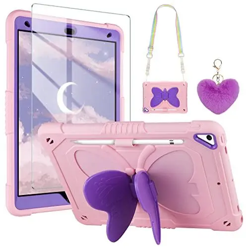 Produktbild: VUNAKE Hülle für iPad 9/8/7 Generation (2021/2020/2019) iPad 9 Generation Hülle Stoßfest Mit Bildschirmschoner Schmetterlingshalter Schultergurt Schlüsselanhänger Stifthalter Kinder für iPad 9 Hülle