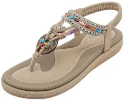 Produktbild: Vunavueya Damen Sandalen Slingback Frauen Zehentrenner Sandale Flache Sommer Leder Riemchensandale Bohemian Flip Flops Schuhe 02 Beige 42