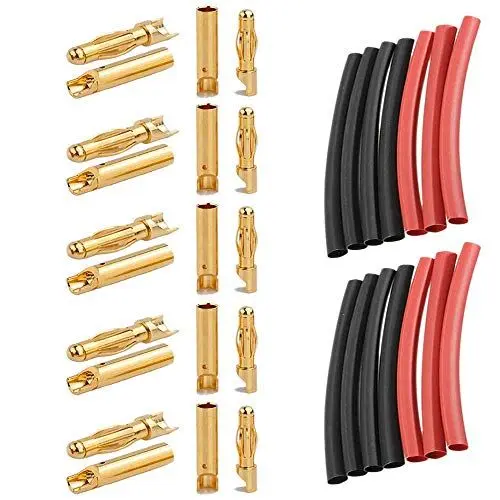 Produktbild: VUNIVERSUM 10x Paar (40 Stück) 4mm 4.0mm 4,0mm Goldkontaktstecker Steckverbinder Goldstecker mit Lötkelch halboffen Stecker Buchse inkl. Schrumpfschlauch für Lipo Akku ESC Motor Modellbau DIY