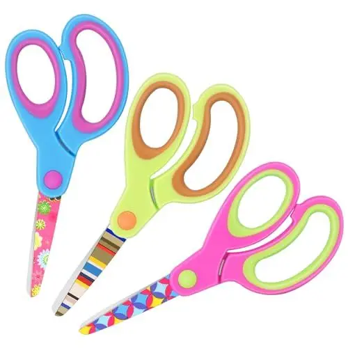 Produktbild: Vutyvve Kinder Schere mit gemusterten Kinderschere, stumpfe Spitze Sicherheit Kinder Handwerk Schere, Edelstahlklingen, weiche Griffe, rosa, blau, Obst grün 3 Paare