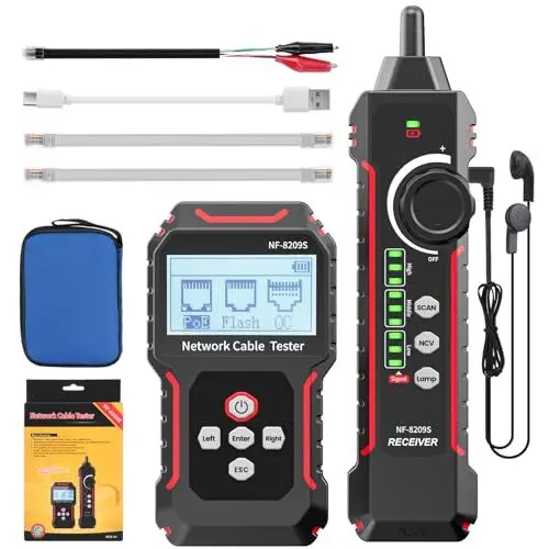 Produktbild: VXSCAN NF-8209S Netzwerk RJ11 RJ45 Kabeltester, CAT5 CAT6 LAN Netzwerk Tester, Überprüfung des Kurzschluss, Quer Unterbrechungszustandes von Cat5 Cat6 Leitungstester mit POE Tester, Kabellängenmessung