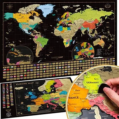 Produktbild: Weltkarte zum Rubbeln + BONUS Deluxe Europa Karte. Das Komplette-Set mit allen Accessoires und Länder Flaggen. Das perfekte Premium Geschenk für alle Reiseliebhaber.