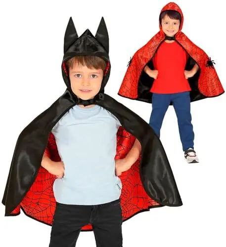 Produktbild: W WIDMANN MILANO Party Fashion 10666 - Umhang Superhelden, Wendeumhang mit Kapuze, Cape, Spinne, Fledermaus, Halloween, Faschingskostüme
