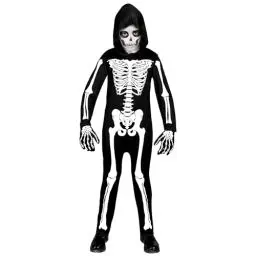 Produktbild: W WIDMANN MILANO Party Fashion - Kinderkostüm Skelett, Overall mit Kapuze, weiß, leuchtet unter UV-Licht, Halloween Verkleidung