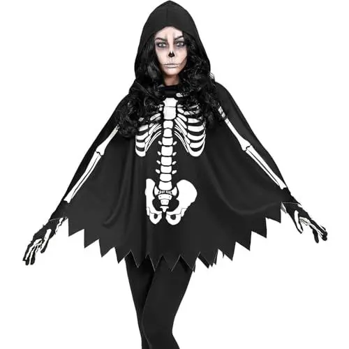 Produktbild: W WIDMANN MILANO Party Fashion - Kostüm Skelett, Poncho mit Kapuze, Mottoparty, Halloween, Karneval