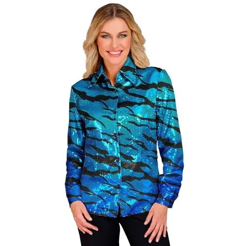 Produktbild: W WIDMANN MILANO Party Fashion - Party Fashion Pailletten Bluse für Damen, Disco Fever, Schlagermove, Damenhemd, Animal Print, Festival, Faschingskostüme