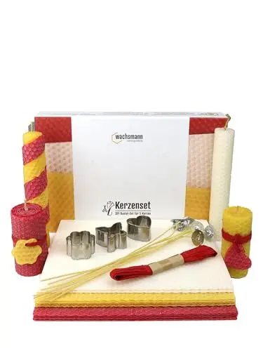 Produktbild: Wachsmann Bienenwachs-Kerzen selber Machen, 10 - DIY Candle Bastel-Set - mit Hanfdochten - Bienenwachs-Platten aus Deutschland - mit Zubehör