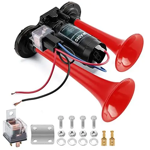 Produktbild: WADEO 12V LKW Hupe 118db, Super Laut Doppelhorn Autohupe mit Kompressor, Lufthorn Drucklufthorn Laute Hupe Kit für alle 12 V Fahrzeug, PKW, LKW, Zug, Boot, Auto, Van (Rot)