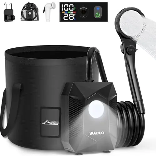 Produktbild: WADEO Tragbare Campingdusche Akku mit Pumpe und Wassereimer, Camping-Duschpumpe mit Beleuchtung, Outdoor-Duschpumpe Campingdusche Set mit Lampe für Wandern, Reisen, Ausflüge, Haustier, Auto (schwarz)