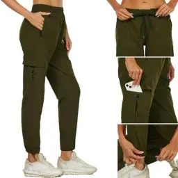 Produktbild: wadizo Wanderhose Damen Leichter Schnelltrocknend Trekkinghose Outdoorhose UV-Schutz Atmungsaktiv Kratzfest Funktionshose Sommer Outdoor Cargohose mit Reißverschlusstasche (Armee Grün, S)
