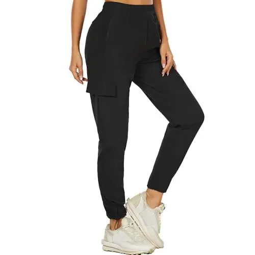 Produktbild: wadizo Wanderhose Damen Leichter Schnelltrocknend Trekkinghose Outdoorhose UV-Schutz Atmungsaktiv Kratzfest Funktionshose Sommer Outdoor Cargohose mit Reißverschlusstasche (Schwarz, L)