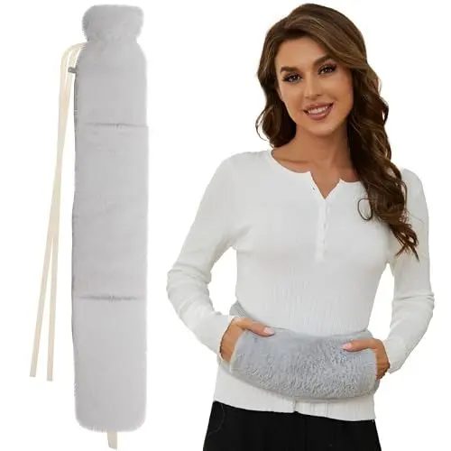 Produktbild: Wärmflasche Lang mit Bezug, Groß Gummi Wärmeflasche Lange Warmflaschewarmflasche Warm mit Flauschig Hände Bezug, 72cm Extra Länglich Wärmeflaschen XXL 2 Liter Warmflasche für Die Periode, Grau