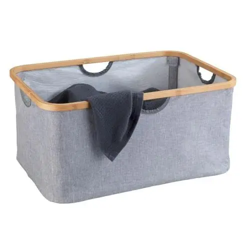 Produktbild: WENKO Wäschekorb Mod. Bahari, moderner Wäschesammler mit hochwertigem Bambus-Rahmen, platzsparend zusammenklappbar, 50 Liter Fassungsvermögen, 54 x 36 x 26 cm, aus pflegeleichtem Polyester