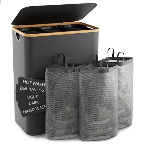 Produktbild: Wäschekorb Mit Deckel, 145L Extra Große Wäschekorb 3 Fächer Schmutzige Kleidung Korb für Wäsche Mit Abnehmbaren Wäschesäcken, Körbe für Schlafzimmer, Waschküche, Dunkelgrau
