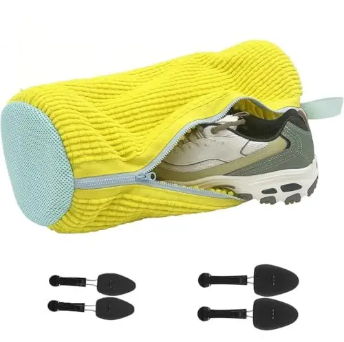 Produktbild: Wäschesack Schuhe, Wäschenetz Sneaker, 2 einstellbar Schuhspanner Schuhwaschbeutel mit 360°-Reinigungsflaum, 39x19cm Wiederverwendbarer Wäschesäcke für Waschmaschine und Reise (Gelb 1)