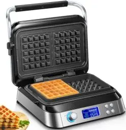 Produktbild: FOHERE Waffeleisen 1600 W, Doppelwaffeleisen für Belgische Waffeln, 5 Programme, 7 Bräunungsstufen, LCD Display, Countdown Timer, Überlaufrille, Extra Tiefe Heizplatten