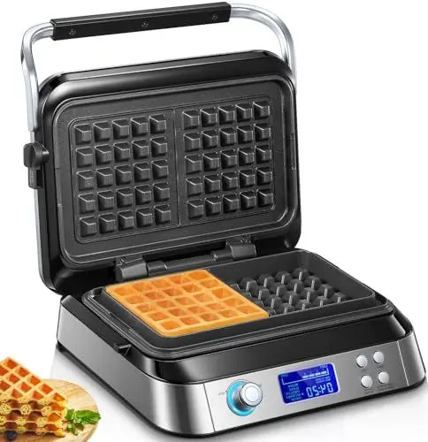 Produktbild: FOHERE Waffeleisen 1600 W, Doppelwaffeleisen für Belgische Waffeln, 5 Programme, 7 Bräunungsstufen, LCD Display, Countdown Timer, Überlaufrille, Extra Tiefe Heizplatten