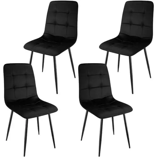 Produktbild: WAFTING Esszimmerstühle 4er Set, gepolsterter Stuhl mit hoher Rückenlehne und holländischem Samtdesign, Esstischstühle mit Metallfuß, für Esszimmer, Wohnzimmer und Empfangsraum, Schwarz