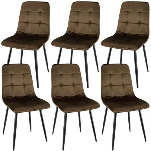 Produktbild: WAFTING Esszimmerstühle 6er Set, Polsterstuhl mit hoher Rückenlehne und holländischem Samtdesign, Esstischstühle mit Metallfuß, für Esszimmer, Wohnzimmer und Empfangsraum, Braun