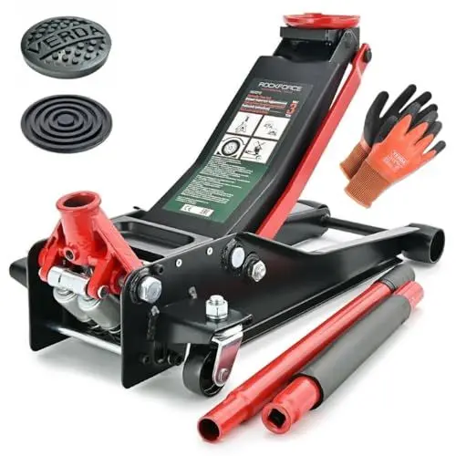 Produktbild: Wagenheber hydraulisch 3T, 75-515mm + 2X Gummi + Montagehandschuhe + mit Schmiernippel Extra Flacher Rangierwagenheber Doppelpumpsystem Doppelkolben Unterstellbock Auto Heber Profi