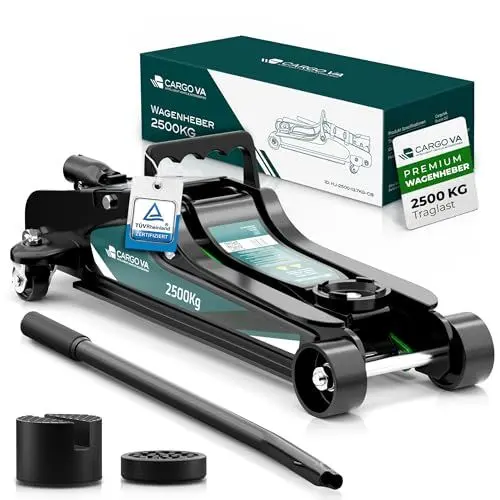 Produktbild: Wagenheber hydraulisch 2,5T – TÜV – 85-380mm Hub – flach für tiefergelegte Autos – Rangierwagenheber inkl. Gummiauflagen (Karton)