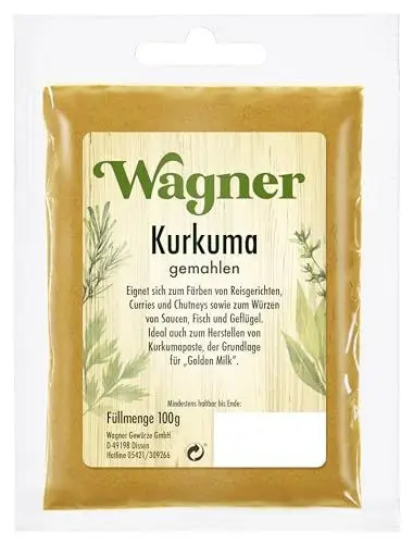 Produktbild: Wagner Gewürze Curcuma gemahlen indisches Gewürz für Curry & Geflügel, Pulver mit Curcumin für goldene Milch und goldene Paste, Curcuma Latte, Menge: 1 x 100 g