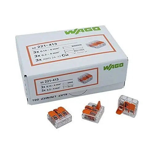 Produktbild: WAGO Plug-in terminal 3-way with lever for rigid (0.2-4 mm²) and flexible (0.14-4 mm²) wires to open again, transparent/orange, contents: 50 pieces