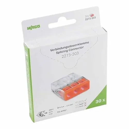 Produktbild: WAGO Verbindungsklemmen 2273-203/995-030 | 3 Leiter, bis 2,5 mm², 30 Stück, COMPACT Verbindungsklemme für eindrähtige Leiter, bestätigte Anwendungssicherheit, kleinstmögliche Bauform
