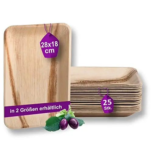 Produktbild: Waipur Bio Palmblatt Teller - 25 Einwegteller Rechteckig 28x18 cm - Premium Einweggeschirr kompostierbar - Umweltfreundliches Einweg Geschirr ähnl. Bambus-Teller