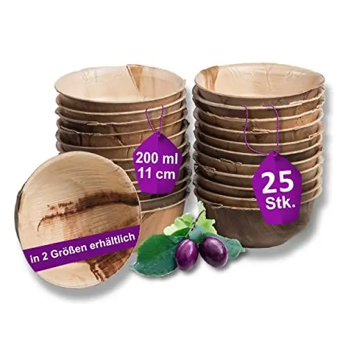 Produktbild: Waipur Bio Palmblatt Schalen - 25 Schälchen Ø 11 cm / 200 ml - Premium Einweg Geschirr kompostierbar - Dessertschalen ähnl. Bambus-Schalen