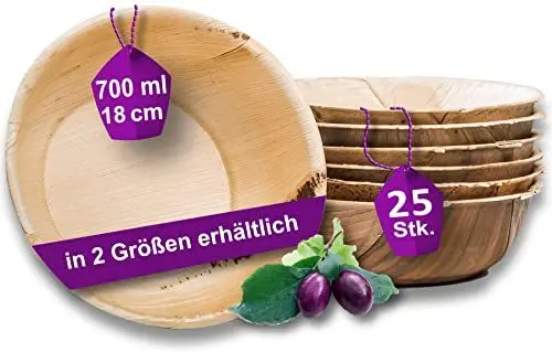 Produktbild: Waipur Bio Palmblatt Schalen - 25 große Schüsseln Ø 18 cm / 700 ml - Premium Einweggeschirr kompostierbar - Einweg Suppenschalen ähnl. Bambus-Schüssel
