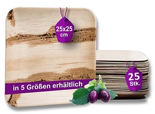 Produktbild: Waipur Bio Palmblatt Teller - 25 Stück groß eckig 25x25 cm - Premium Einweggeschirr kompostierbar - Umweltfreundliches Palmblatt-Geschirr - ähnl. Bambus-Teller Einweg