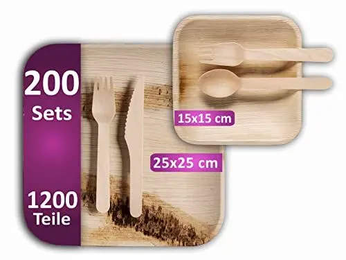 Produktbild: Waipur Palmblatt Einweggeschirr Set mit Holzbesteck - je 200 große Teller und Dessertteller, 400 Gabeln, je 200 Messer und Löffel - ähnl. Einweg Bambus Geschirr
