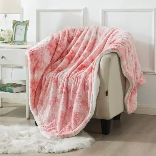 Produktbild: Wajade Kunstfelldecke–Sherpa Schafdecke–Comfort Luxuriöse Flauschige Kuscheldecke–weiche Decke für Couch und Bett–rosa weiß-130x160cm