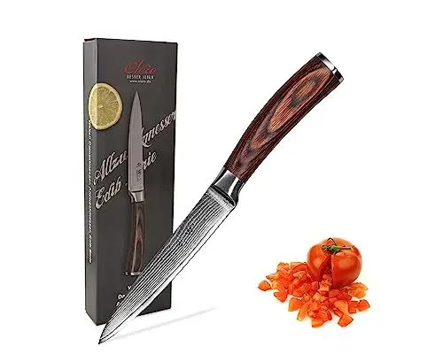 Produktbild: Wakoli EDIB Allzweckmesser 12,5 cm | Damast Küchenmesser mit 67 Lagen & VG10-Kern für präzise Schnitte | Ergonomischer Pakkaholzgriff | In Geschenkbox – Ideal für Obst, Gemüse & feine Zubereitungen