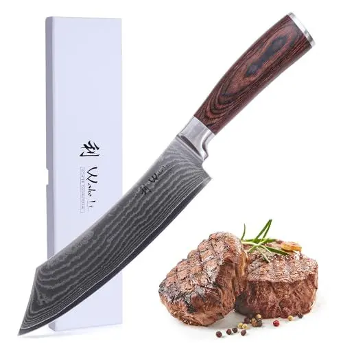 Produktbild: Wakoli Edib Damast BBQ- und Blockmesser I Scharfe 20 cm Klinge aus 67 Lagen Damaststahl mit VG10 Kern und Griff aus Pakkaholz I Profi Küchenmesser, Damastmesser in eleganter Box