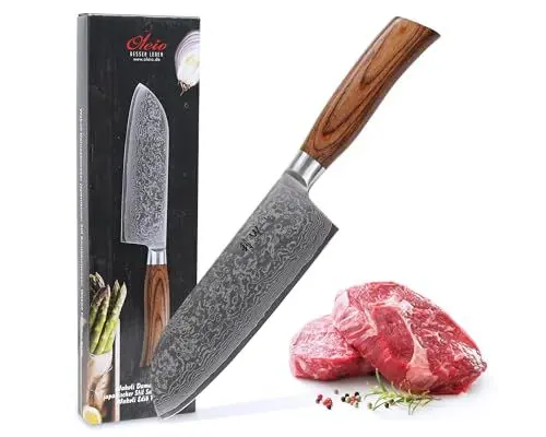Produktbild: Wakoli EDIB Pro Santoku Messer 17 cm – extra hohe Klinge aus 67 Lagen Damaststahl, ergonomischer Pakkaholzgriff, Damast Santokumesser für Fleisch, Fisch, Gemüse, Profi Küchenmesser