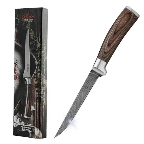 Produktbild: Wakoli Edib Damast Ausbeinmesser I Scharfe 14,5 cm Klinge aus 67 Lagen Damaststahl mit VG10 Kern und Griff aus Pakkaholz I Profi Küchenmesser, Damastmesser, Filetiermesser in eleganter Box
