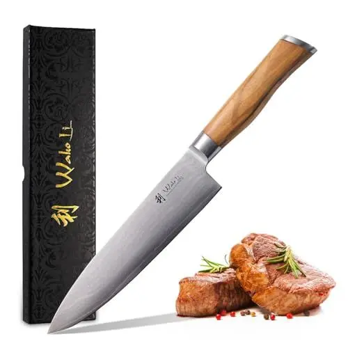Produktbild: Wakoli Olive Damastmesser Chefmesser I 20,00 cm Klinge gefertigt aus 67 Lagen I Premium Damast Küchenmesser und Profi Messer aus edlem Damaststahl mit Griff aus Olivenholz