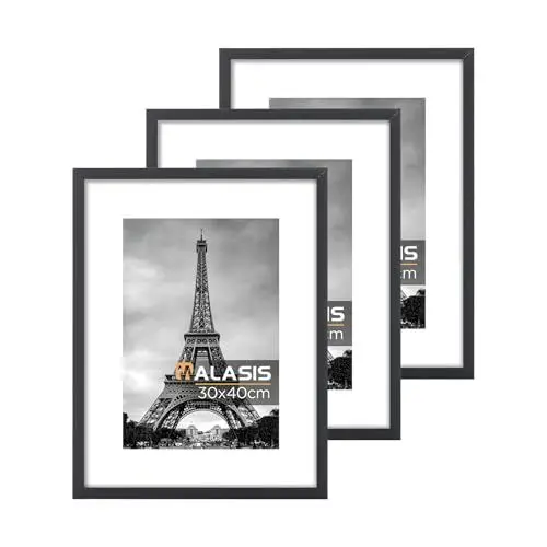 Produktbild: Walasis Bilderrahmen 30x40 Passepartout Holz: 40x30 Foto Rahmen für Poster Collage - Posterrahmen mit Acrylglas (Schwarz, 30x40/3x)