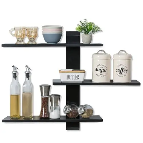 Produktbild: Walasis Wandregal Massivholz Schwarz Hängeregal Größe: 3-Stöckiges 50cm Schweberegal Rustikal Holz Modern Regal Wand für Wohnzimmer Schlafzimmer Küche Badezimmer