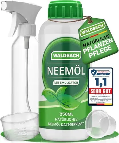 Produktbild: WALDBACH® Neemöl mit Emulgator (250ml) - Natürliches Neemöl für Pflanzen mit Sprühflasche und Messbecher - 25 Liter sprühfertige Mischung - Effektive Pflanzenpflege für Garten- & Zimmerpflanzen