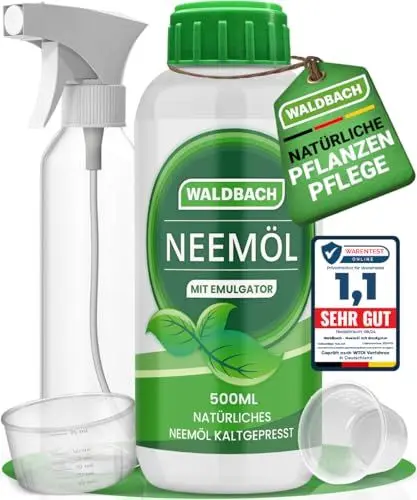 Produktbild: WALDBACH® Neemöl mit Emulgator (500ml) - Natürliches Neemöl für Pflanzen mit Sprühflasche und Messbecher - 50 Liter sprühfertige Mischung - Effektive Pflanzenpflege für Garten- & Zimmerpflanzen